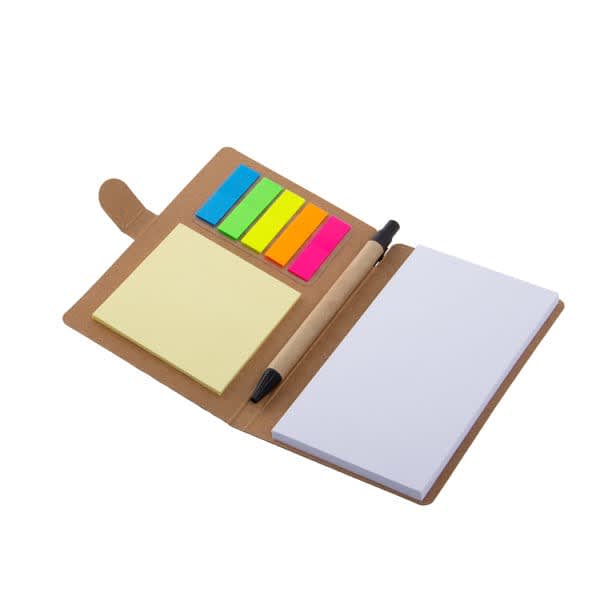 A memo sticky notes set in a brown cover, featuring yellow sticky notes, coloured flags, and a pen. Memo Sticky Notes Set With Flag & Pen - Image 1