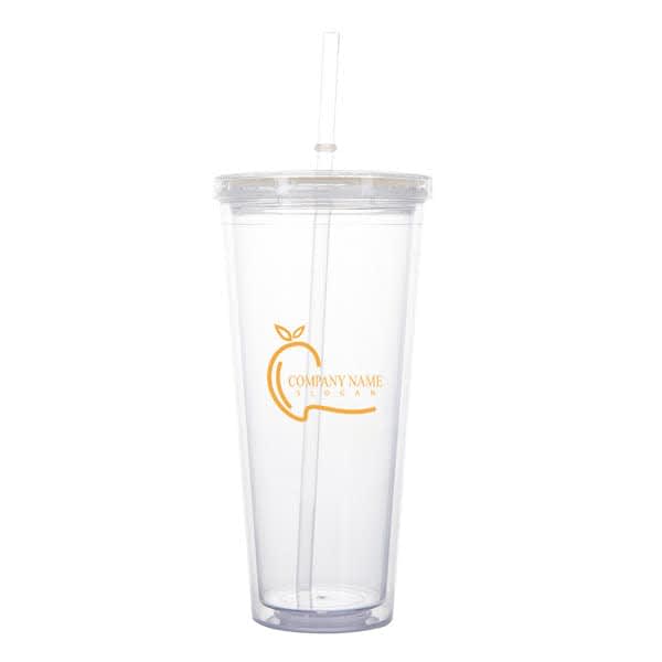 A clear 20 oz. plastic tumbler with a straw and a logo in orange. Ideal for beverages. 20 oz. Plastic Tumbler With Straw - Image 1