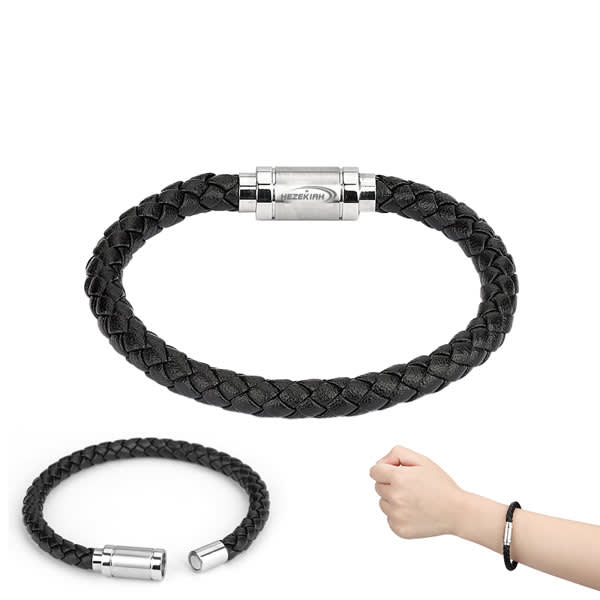 A black braided leather bracelet with a silver clasp, featuring a logo on the clasp. Personalized Braided Leather Bracelet - Image 1