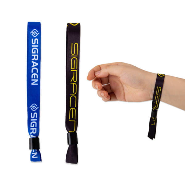 Custom one-time use polyester slide lock wristbands in blue and black with branding, displayed on a hand and separately. Custom One Time Use Polyester Slide Lock Wristband - Image 1