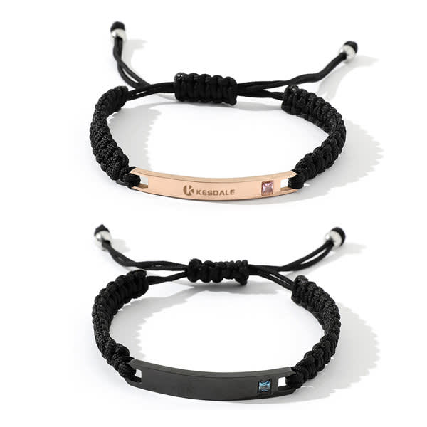 A black and a rose gold personalised hand-woven braided bracelet with adjustable cords and logo. Personalized Hand Woven Braided Nameplate Bracelet - Image 1