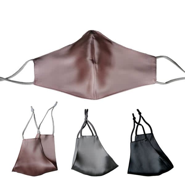 A silk face mask in shades of mauve, grey, and black with adjustable ear straps and a metal nose wire. 16 Momme Silk Face Mask With Nose Metal Wire - Image 1