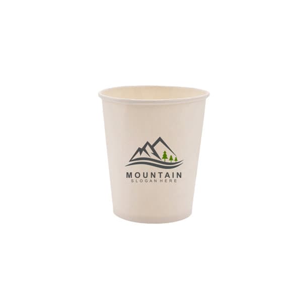 A 9 oz. custom disposable paper cup in a natural colour featuring a logo with mountains and trees. 9 oz. Custom Disposable Paper Cup - Image 1