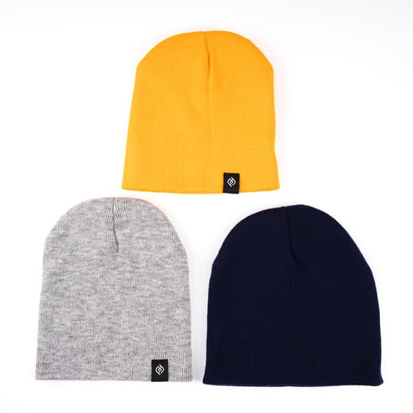 Three cuffless knit beanies in orange, grey, and navy, each with a small logo. Cuffless Knit Beanie - Image 1