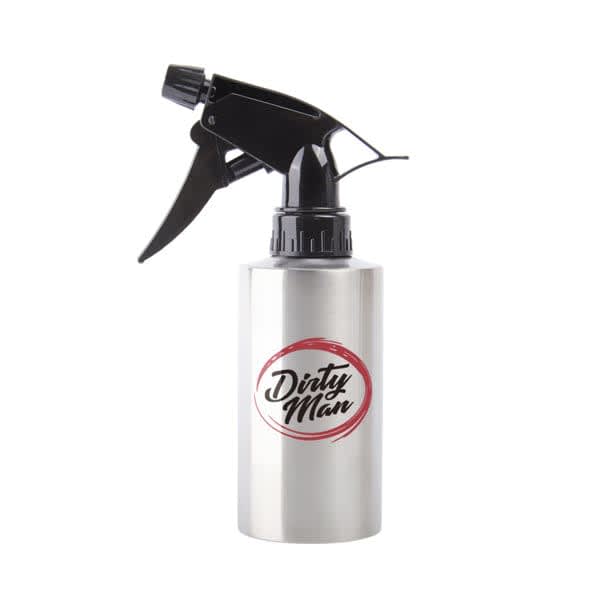 A stainless steel spray bottle with a black nozzle and a branding logo in red and black. 8.5 oz. Stainless Steel Spray Bottle - Image 1