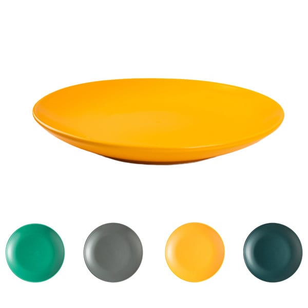 A custom ceramic plate in vibrant yellow, accompanied by images of plates in teal, grey, and dark green. Custom Ceramic Plate - Image 1