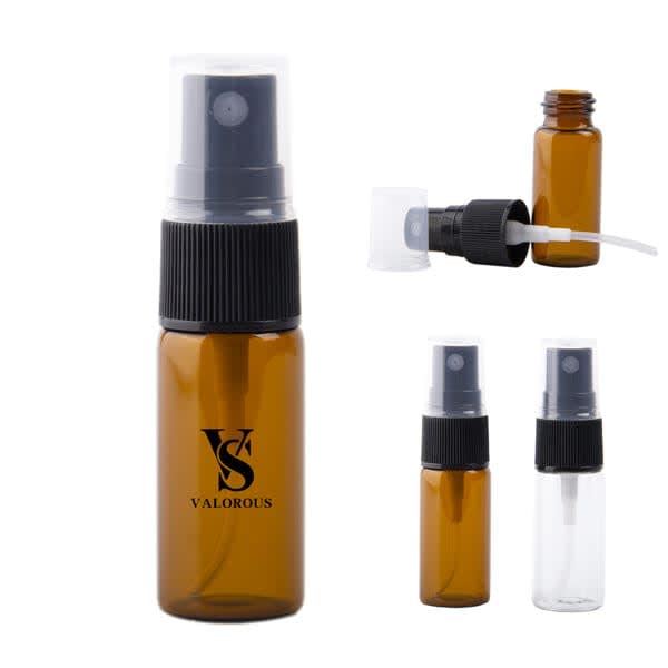 An amber glass spray bottle with a black lid, featuring a clear straw and a logo. 10ml Amber Glass Spray Bottle - Image 1