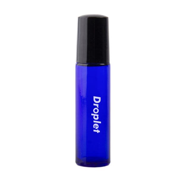 A 10ml blue glass roll-on bottle with a black cap and a branding logo. 10ml Blue Glass Roll On Bottle - Image 1