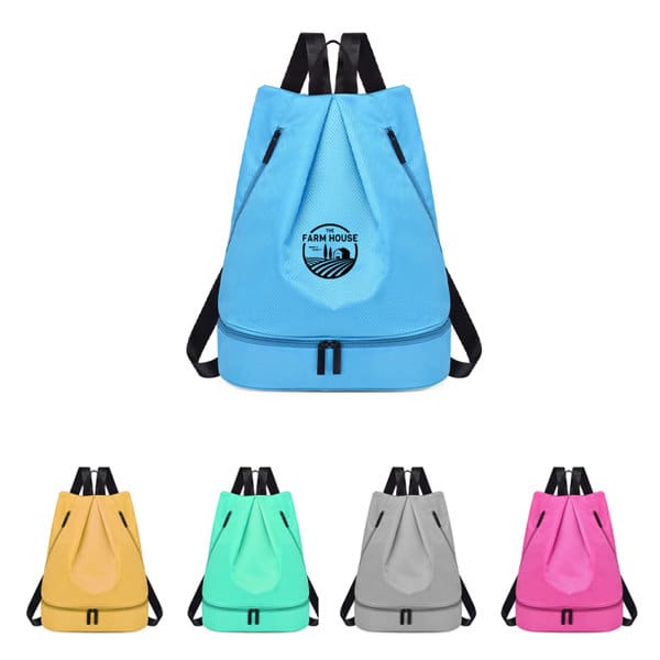 A blue sports backpack with a logo and adjustable straps, displayed alongside yellow, pink, grey, and green variants. Nylon Wet And Dry Separation Sports Backpack - Image 1