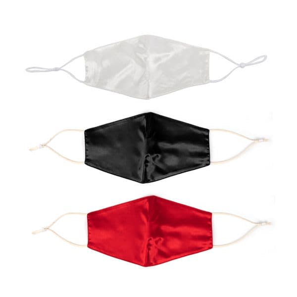 A set of three silk face masks in white, black, and red, featuring elastic ear straps and a smooth finish. 22 Momme Silk Face Mask - Image 1
