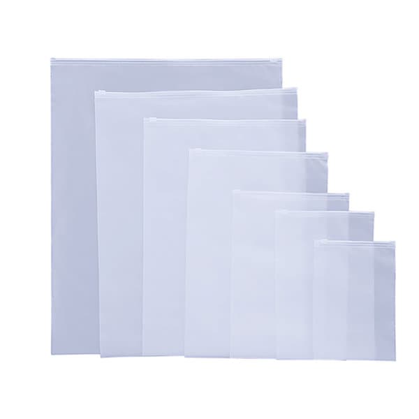 A set of frosted white zipper bags in various sizes, featuring a logo on some bags. PE Frosted Zipper Bag - Image 1