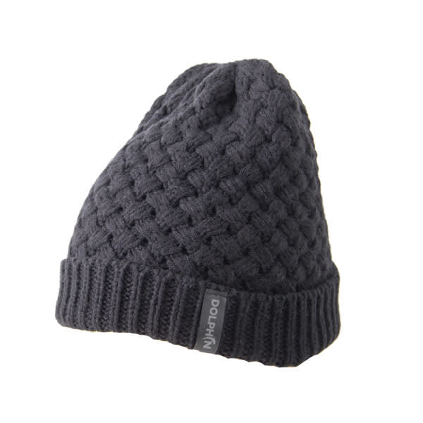 A dark grey knitted fisherman beanie featuring a fold-up brim and a brand logo patch. Fisherman Beanie With Patch - Image 1