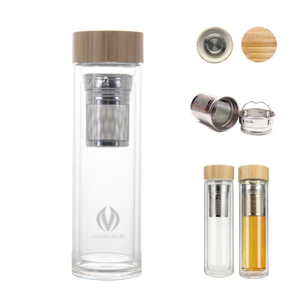A drink bottle featuring a clear glass body, bamboo lid, and a tea infuser, showcasing both empty and filled variations. 15 oz. Glass Water Bottle With Tea Infuser - Image 1