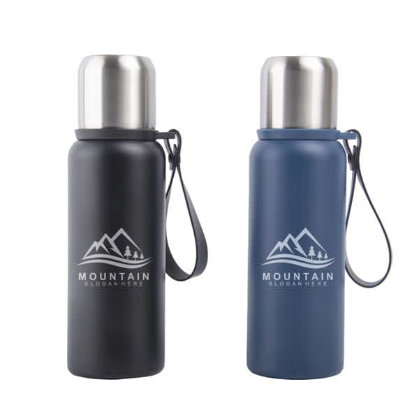 A drink bottle set featuring a black and a blue 20 oz. double wall stainless steel thermos flask with a logo. 20 oz. Double Wall Stainless Steel Thermos Flask - Image 1