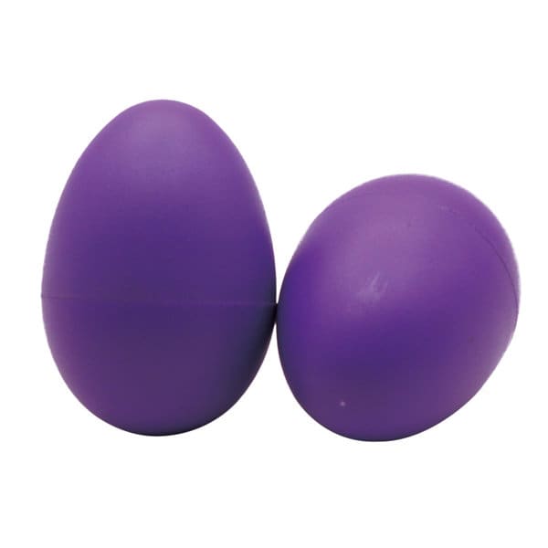 A pair of purple plastic egg shakers featuring a smooth, rounded design. One is larger than the other. Plastic Egg Shaker - Image 1