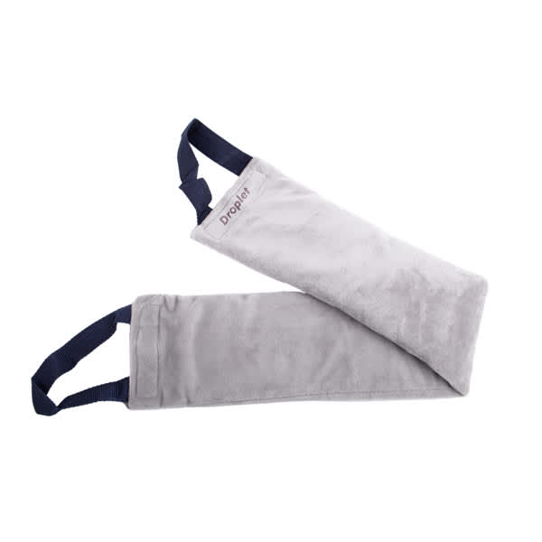 A grey therapeutic neck wrap with navy straps, designed for hot and cold therapy. It features a logo. Hot Cold Therapy Neck Wrap - Image 1