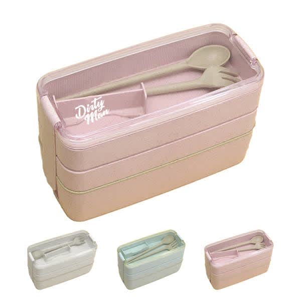 A three-layer bento box in pink with utensils included. Available in additional colours: white, blue, and green. 3 Layers Wheat Straw Bento Box - Image 1