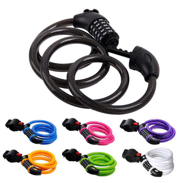 A bicycle cable lock with a combination dial, featuring multiple colours including black, orange, pink, purple, and white. It has a logo. Bicycle Cable Lock - Image 1