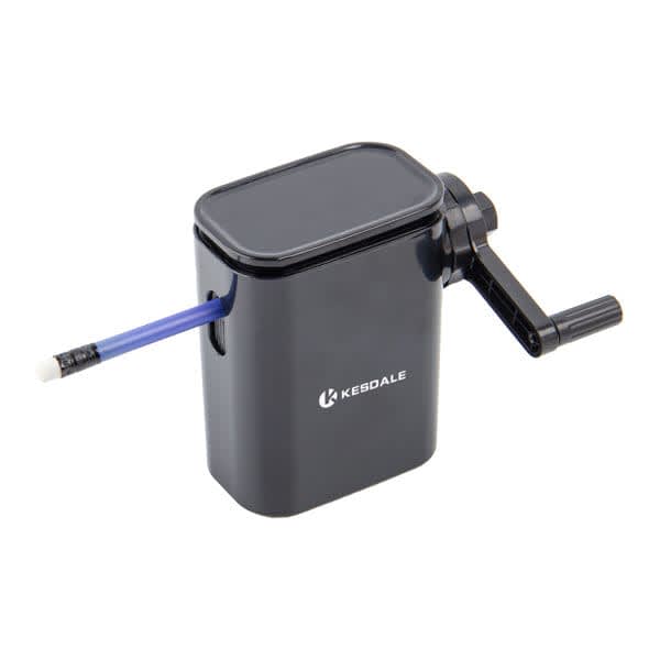 A black plastic desktop pencil sharpener with a side crank and an opening for inserting pencils. Plastic Desktop Pencil Sharpener - Image 1