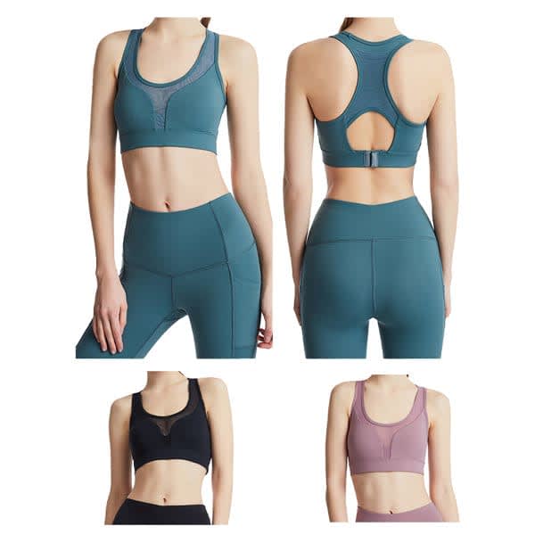 A sports bra in teal, black, and mauve with mesh detailing and a branded logo. Features a scoop neck and cut-out back design. Mesh Hollow Out Sports Bra - Image 1