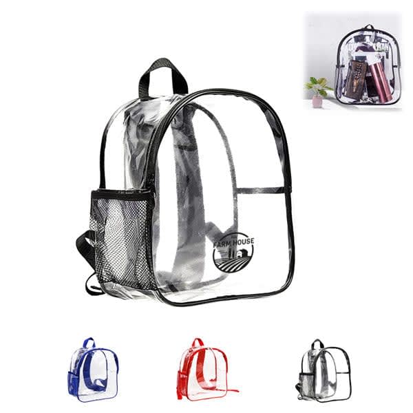 A clear waterproof school backpack with black detailing, featuring mesh side pockets or stands against a white background. Clear Waterproof School Backpack - Image 1