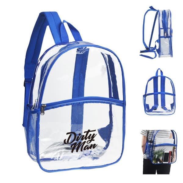 A clear backpack with blue straps and a front zip pocket. It features a logo on the front. Stadium Approved Clear Backpack - Image 1