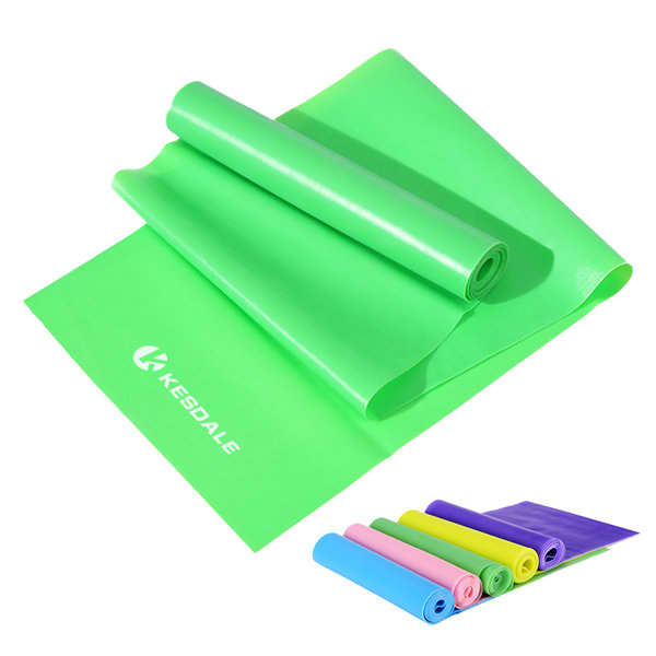 A green TPE exercise resistance band, rolled up with various other colours displayed below, including pink, blue, and purple. TPE Exercise Resistance Band - Image 1