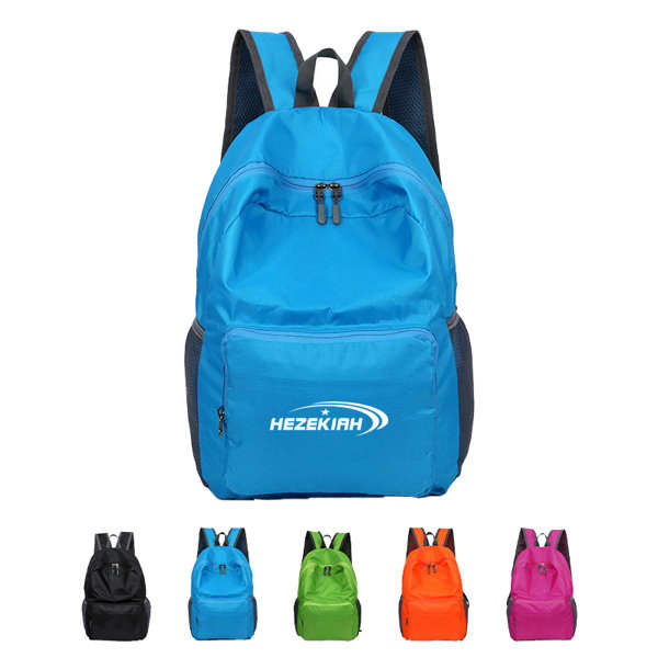 A lightweight foldable waterproof travel backpack in blue, featuring a front pocket and a logo, with other colours below. Lightweight Foldable Waterproof Travel Backpack - Image 1