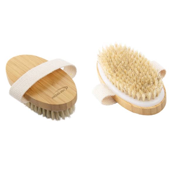 A natural boar bristle body brush with a bamboo handle and a fabric strap, featuring light tan bristles. Dry Brushing Natural Boar Bristle Body Brush - Image 1