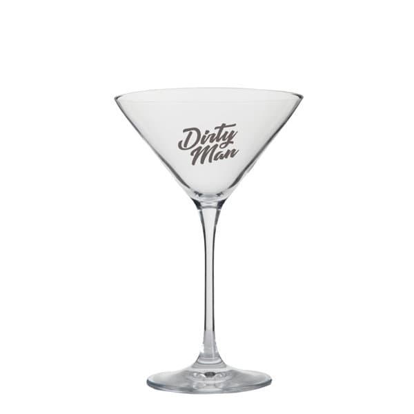 A clear martini glass with a sleek design and a branded logo on the bowl. Branded Martini Glass - Image 1