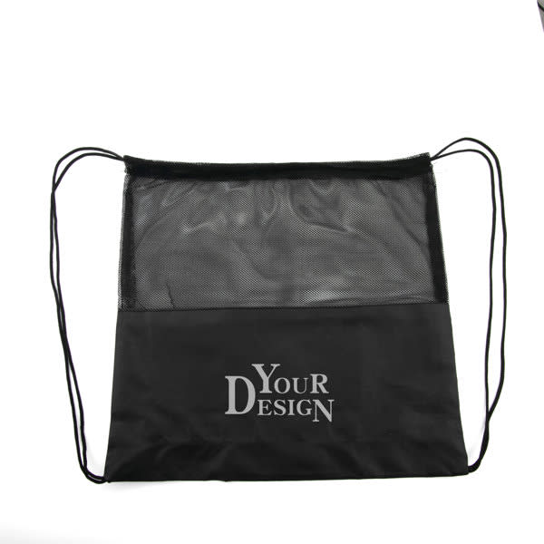A black mesh drawstring backpack features a mesh front panel and a logo. Suitable for various uses. Mesh Drawstring Backpack - Image 1