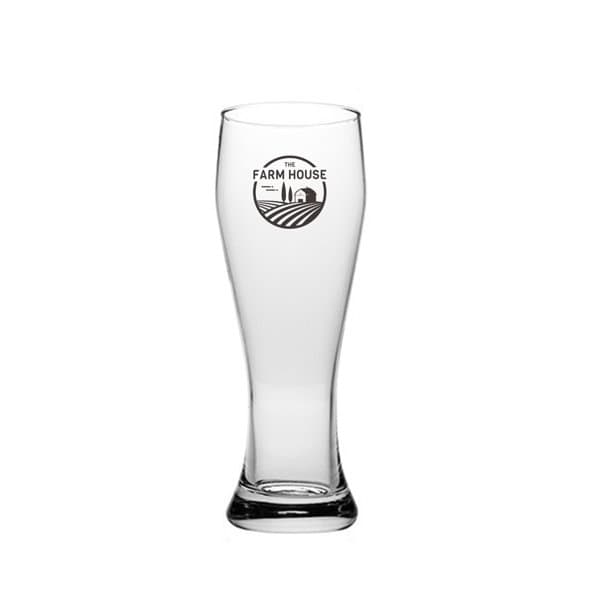 A clear, tall pilsner glass with a smooth design and a logo on the front. 18 oz. Promotional Pilsner Glass - Image 1