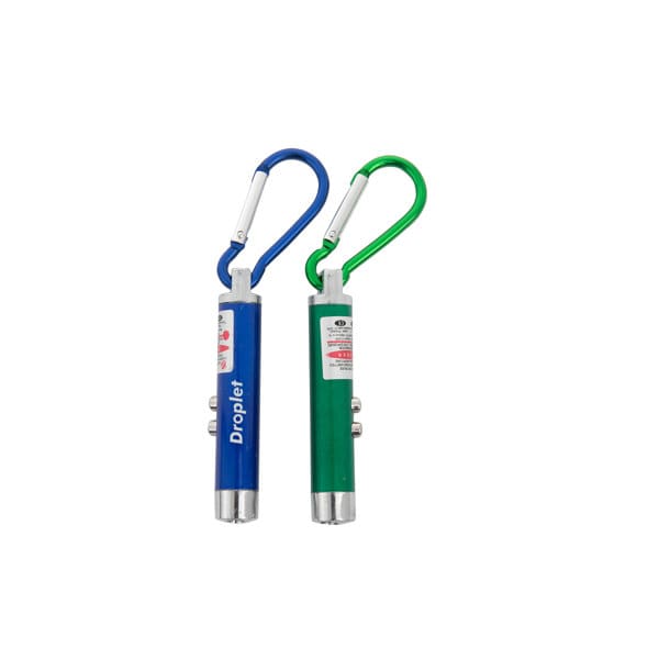 A blue and green LED laser pen pointer flashlight with a carabiner clip, featuring a small branding logo. LED Laser Pen Pointer Flashlight - Image 1