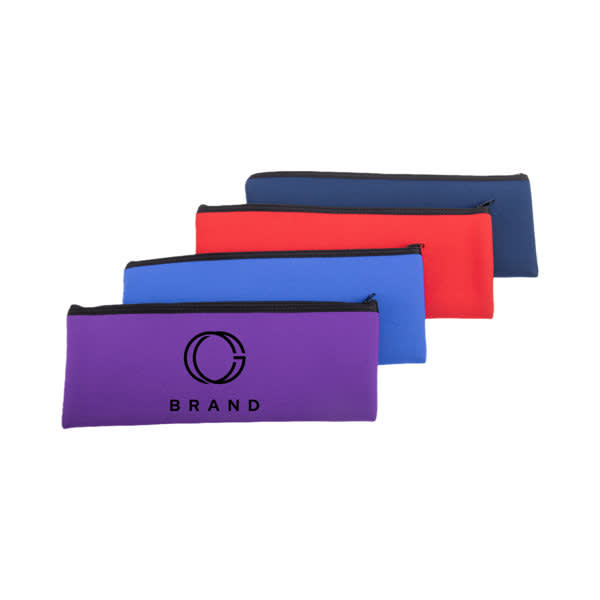 A set of four neoprene zipper pouches in purple, red, blue, and navy, each featuring a logo. Custom Neoprene Stationery Zipper Pouch - Image 1