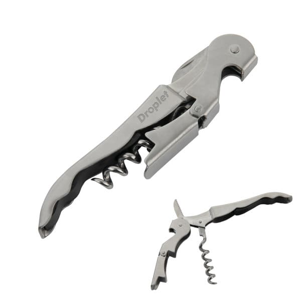 A stainless steel pocket knife with a corkscrew and integrated tools. Features a sleek design and includes branding. Pocket Knife With Corkscrew - Image 1