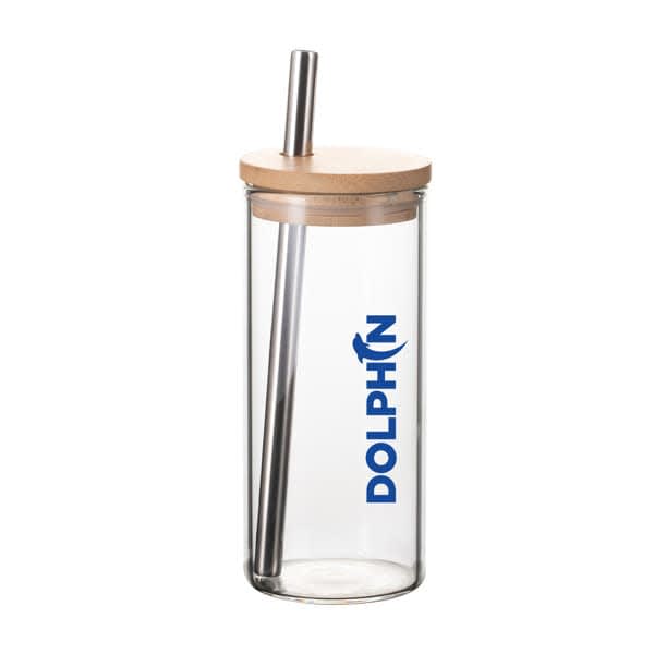 A drink bottle with a clear glass body, silver straw, and a wooden lid featuring a logo. 20 oz. Can Glass With Silver Straw - Image 1