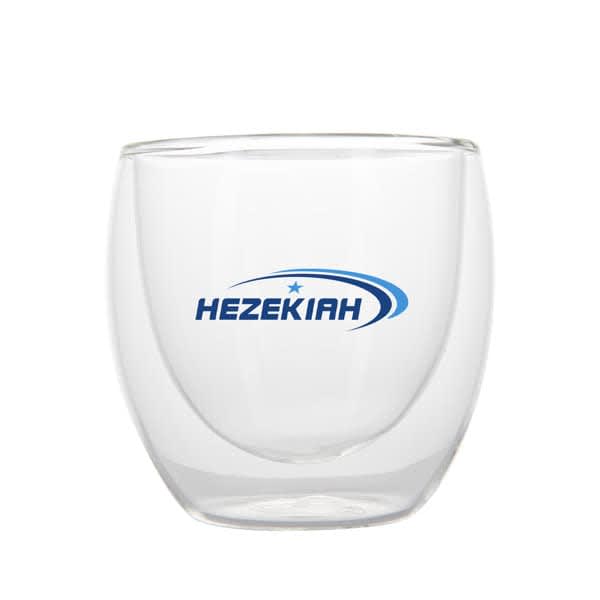 A transparent double layer glass coffee cup with a rounded shape and a logo on the side. 5 oz. Transparent Double Layer Glass Coffee Cup - Image 1