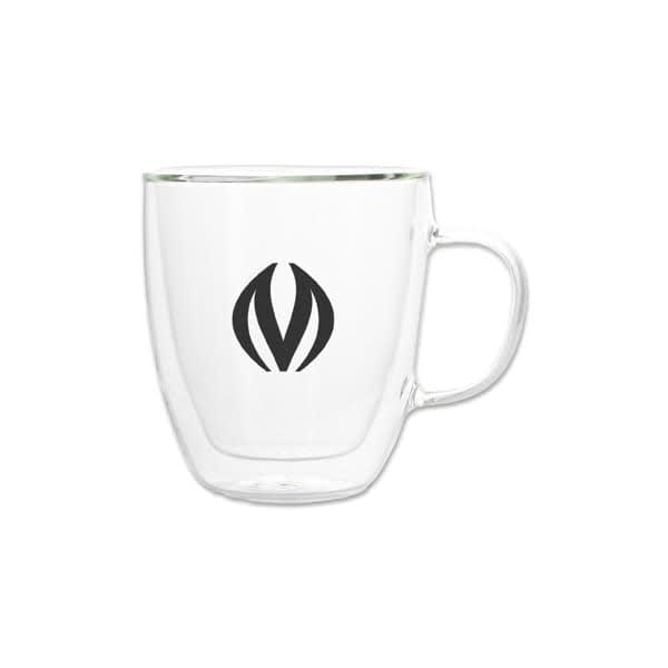 A glass mug with a handle, featuring a transparent design and a logo. Suitable for various beverages. 12 oz. Double Wall Glass Mug With Handle - Image 1