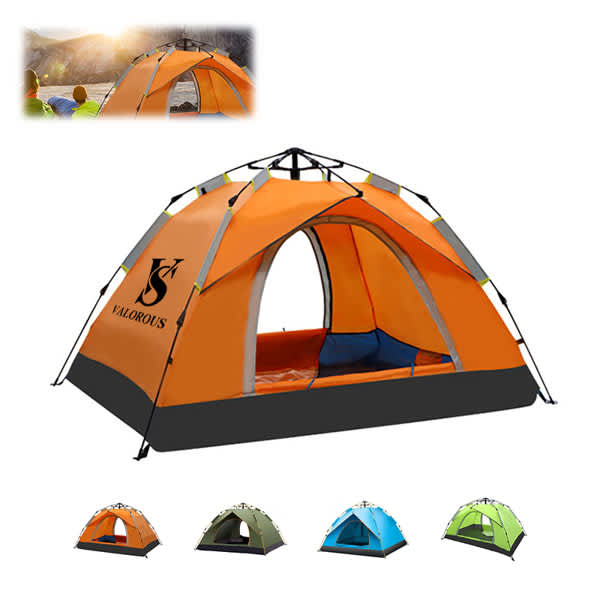 An orange automatic camping tent with a black base and a logo, featuring a spacious interior and mesh openings. 3 Person Automatic Quick Opening Camping Tent - Image 1