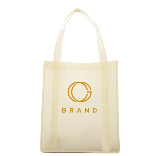 A cream-coloured non-woven tote bag with two handles and a logo on the front. Customized Non Woven Tote Bag - Image 1
