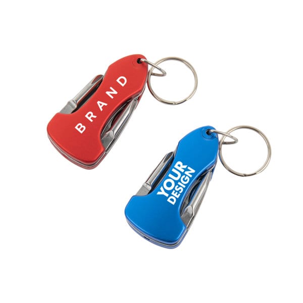 A red and blue mini multi-tool pocket knife with a keyring attachment; features a logo on each side. Promotional Mini Multi Tool Pocket Knife - Image 1