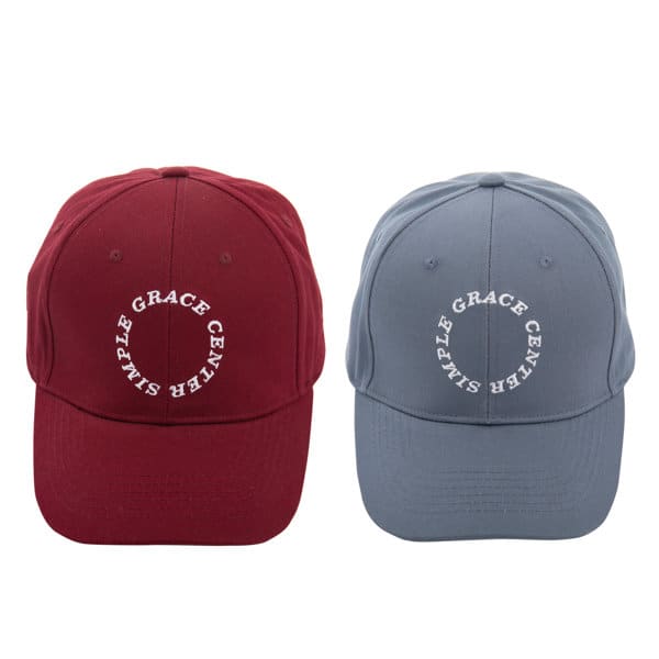 A promotional cotton baseball cap available in burgundy and grey, featuring a logo on the front. Promotional Cotton Baseball Cap - Image 1