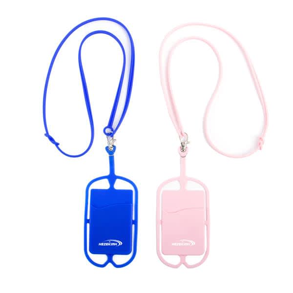 A blue and pink silicone lanyard with card holders, featuring a logo on each holder. Phone Silicone Lanyard With Card Holder - Image 1
