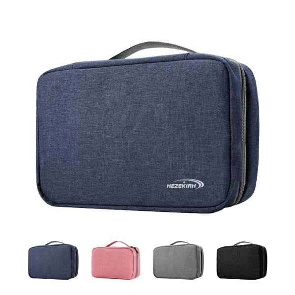A navy trifold travel hanging toiletry bag with a carry handle, available in four additional colours: pink, grey, and black. Trifold Travel Hanging Toiletry Bag - Image 1