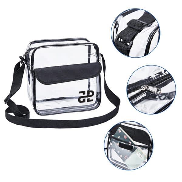 A clear shoulder bag with black accents, featuring a zip closure and adjustable strap. Includes a logo on the front. Clear Crossbody Messenger Shoulder Bag - Image 1