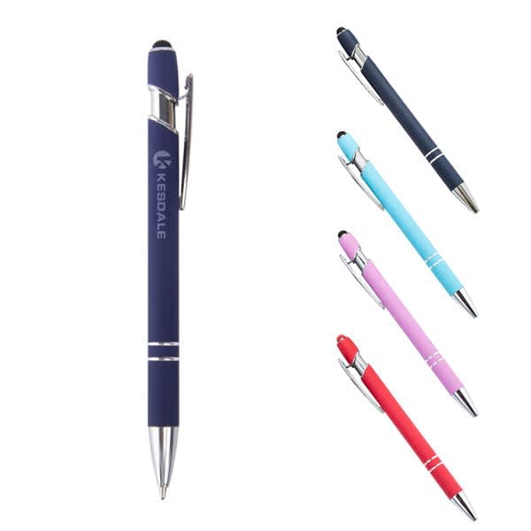 A 2 in 1 touch screen stylus pen in navy, with three additional stylus pens in light blue, pink, and red. 2 in 1 Touch Screen Stylus Pen - Image 1