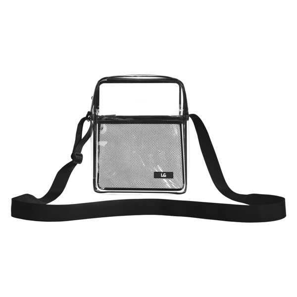 A clear messenger bag with a black strap and a mesh compartment, featuring a logo on the front. Clear Messenger Bag With Mesh Compartment - Image 1