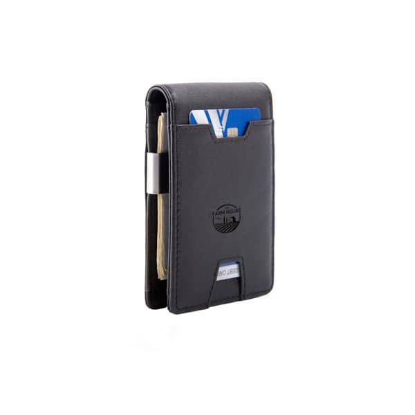 A black leather wallet with a cash clip and card slots, featuring a logo on the front. Leather Wallet With Cash Clip - Image 1