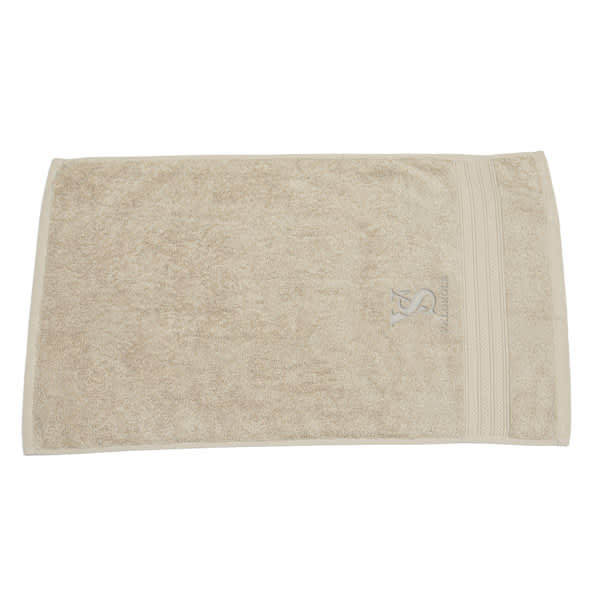 A beige embroidered cotton hand towel featuring a logo on one side. Embroidered Pure Cotton Towel - Image 1