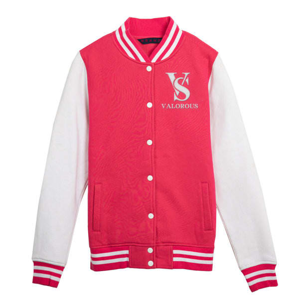 A women's varsity jacket in vibrant pink with white sleeves and a logo on the front. Women's Baseball Jacket - Image 1
